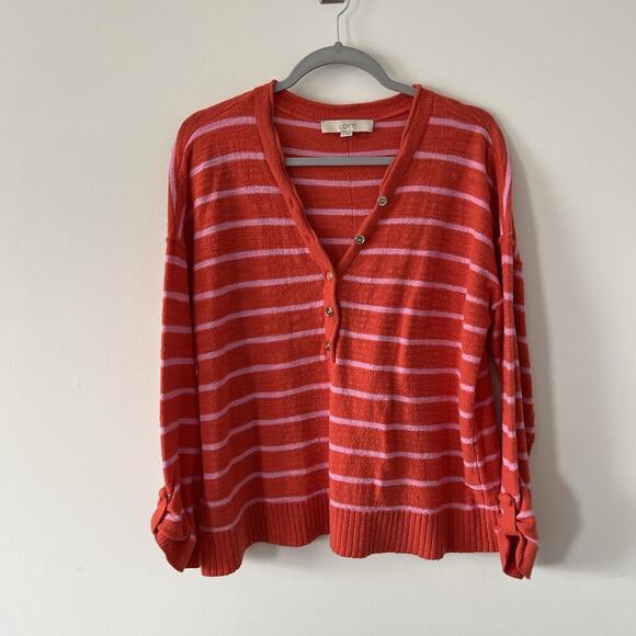 LOFT Sweater Womens XL Pink Striped Button Henley Knit Slouchy Beachy Summer - Picture 6 of 16